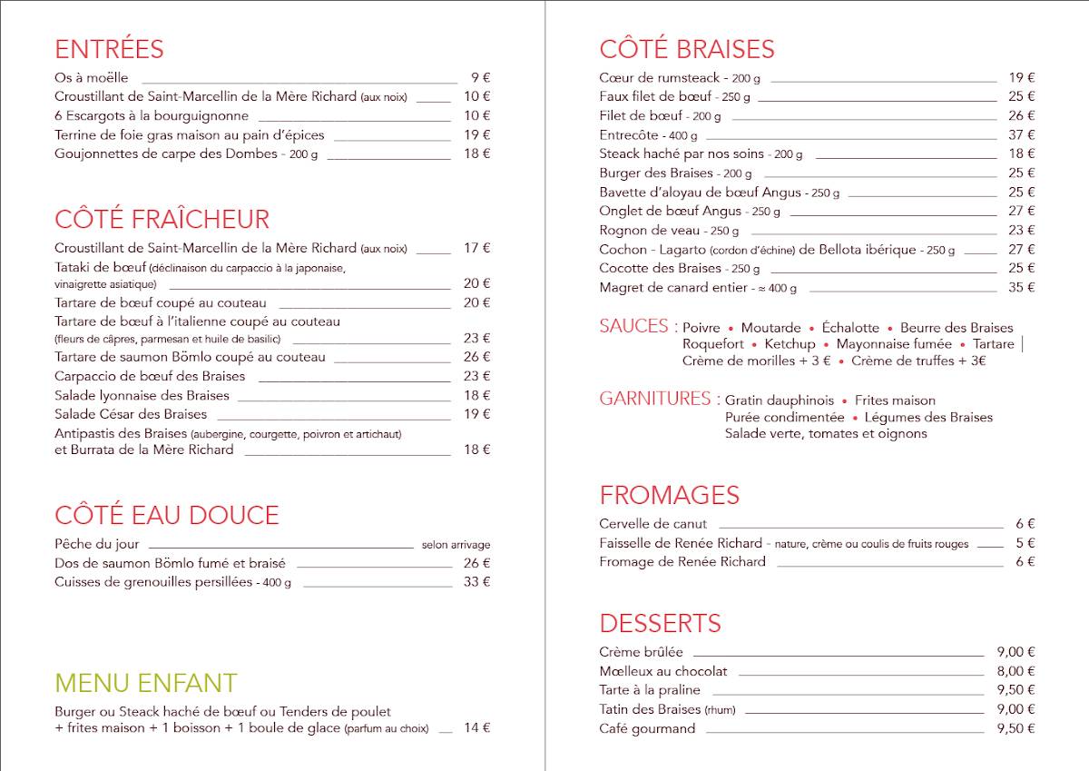Menu de "Belles Rives" Braises & Condiments