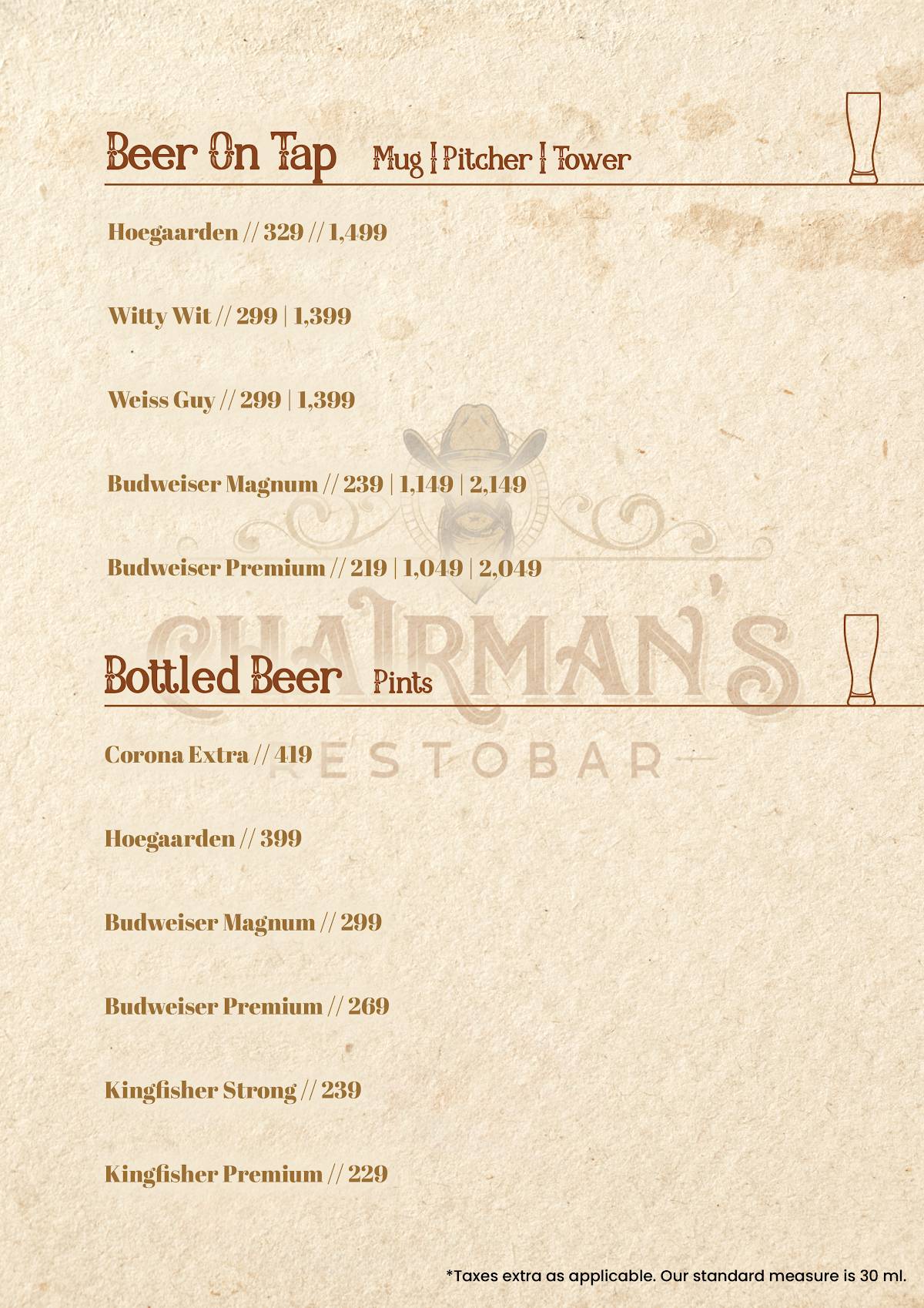Chairman's Restobar menu