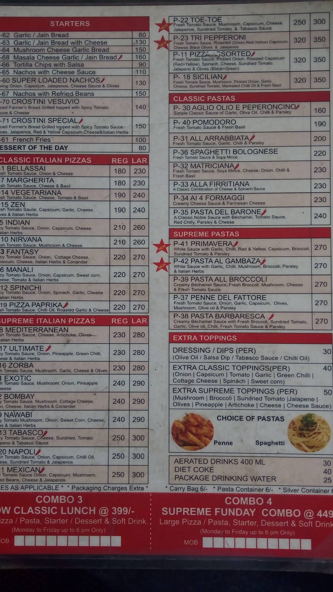 Pizza Stop menu