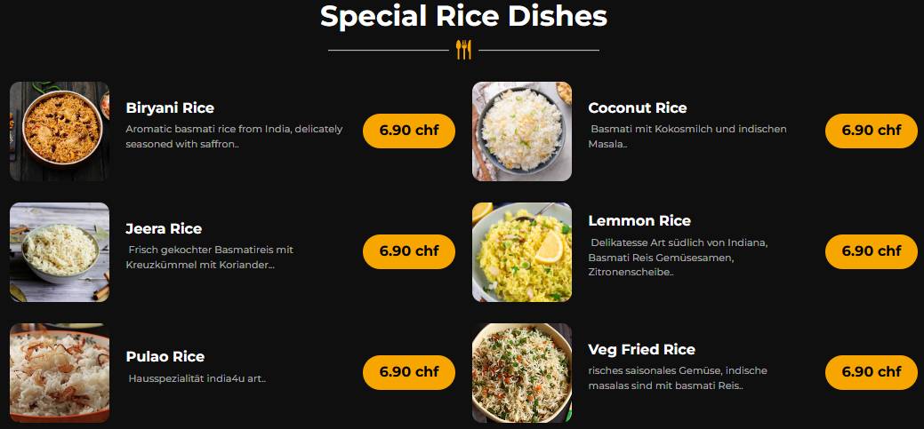 Menu di India4U Bern – Authentic Indian Restaurant & Curry House. 
