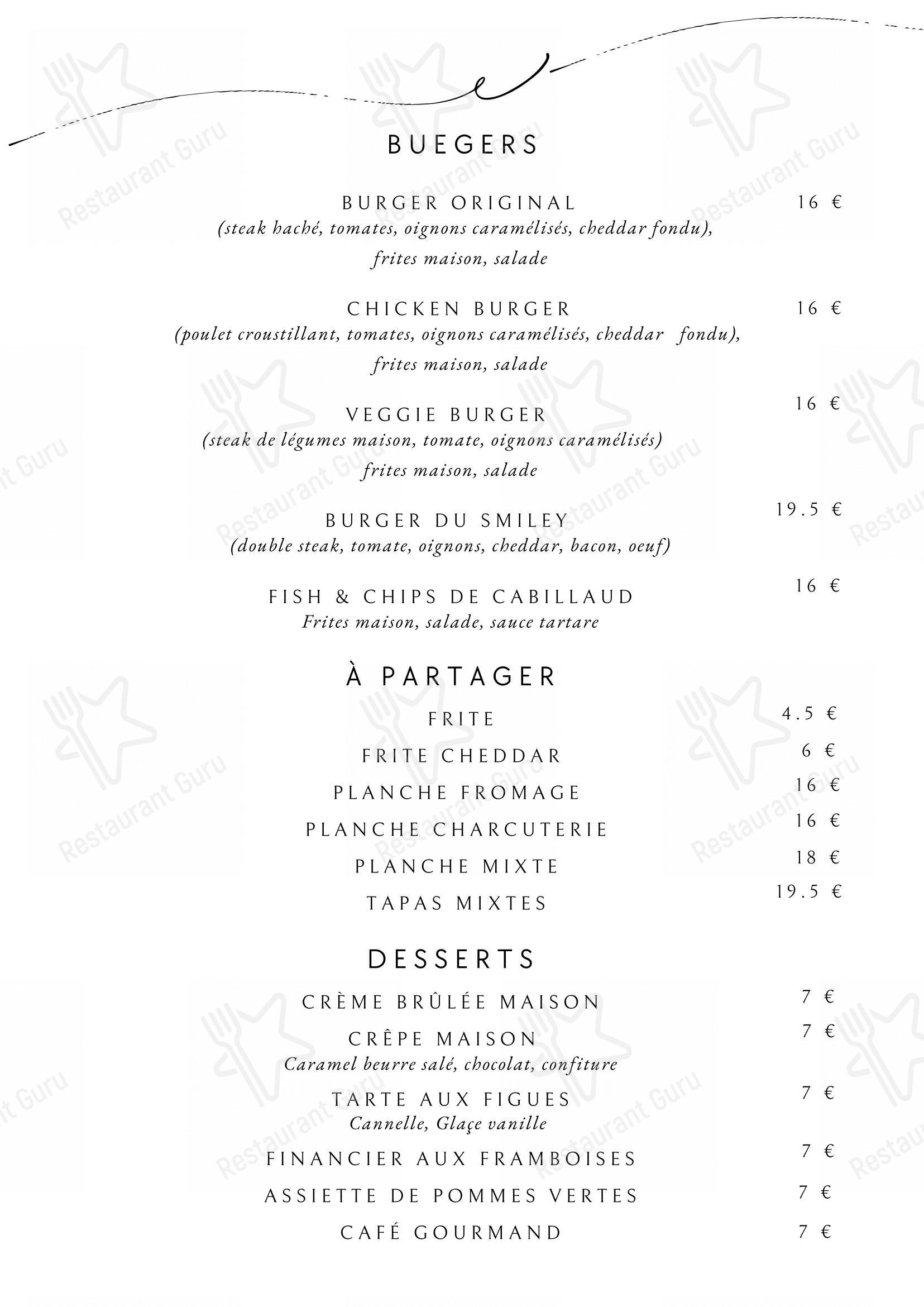 Menu pour Bistrot Smiley - Menu