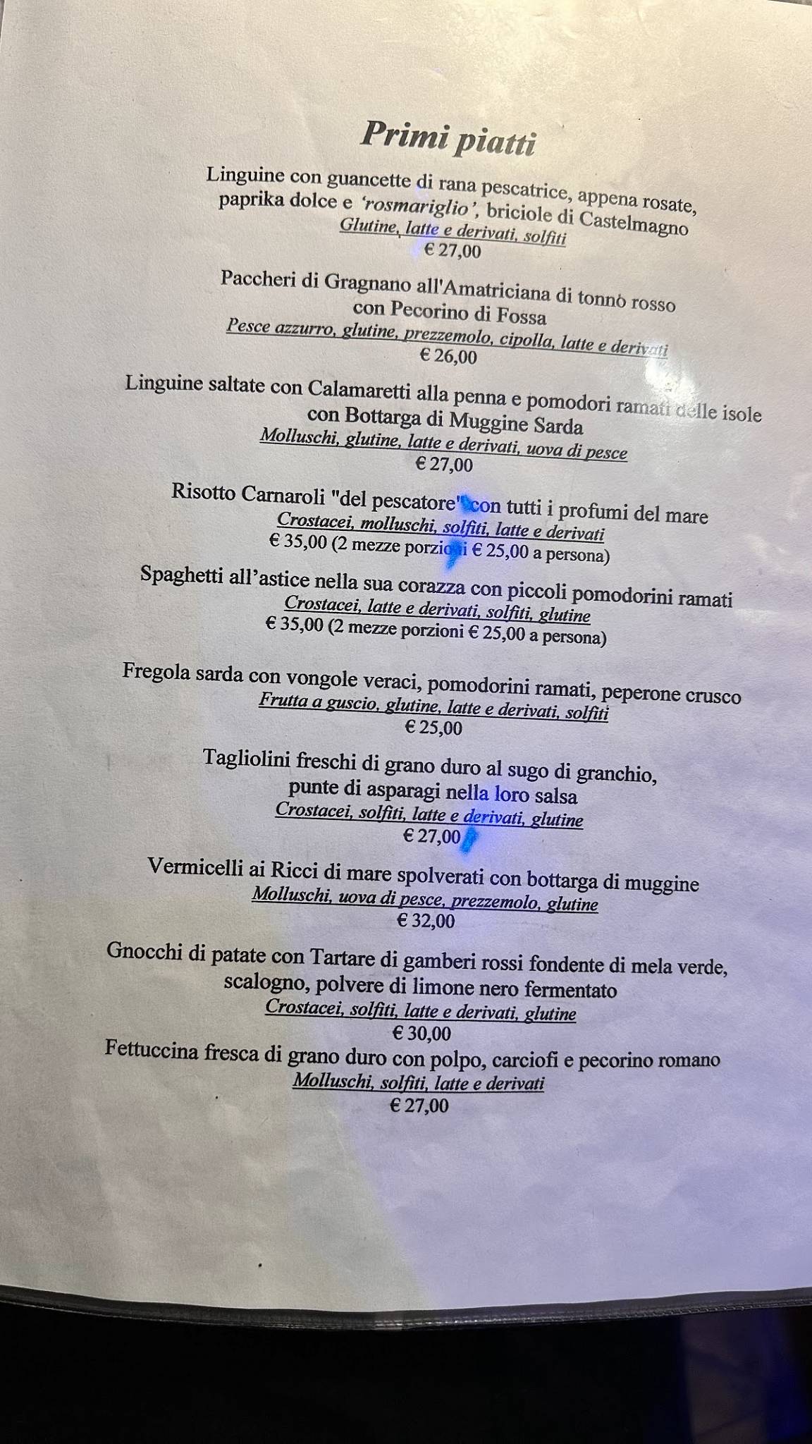Menu di Bistrot del Mare 