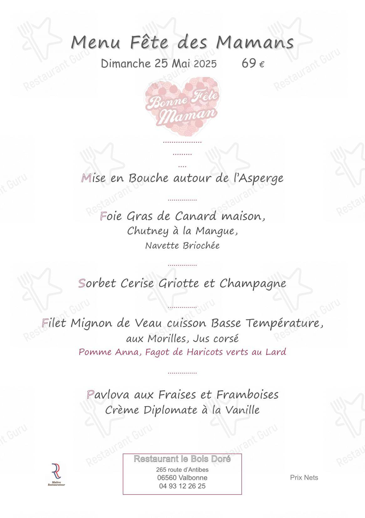 Restaurant le Bois doré dans Valbonne - Menu