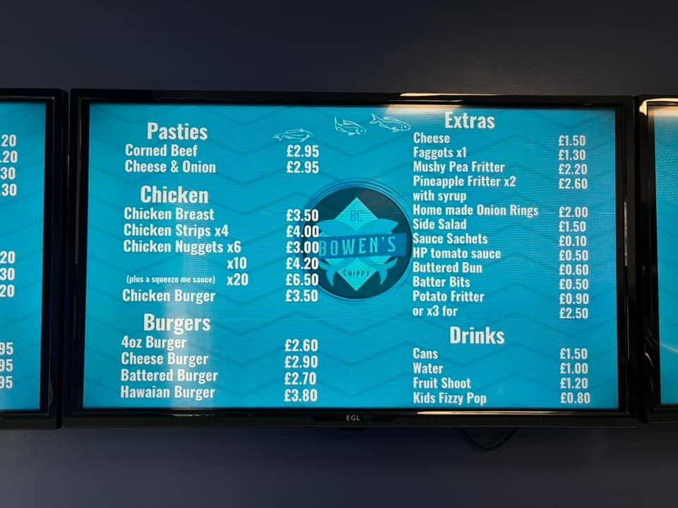 Menu at Bowen‘s Chippy restaurant, Burry Port