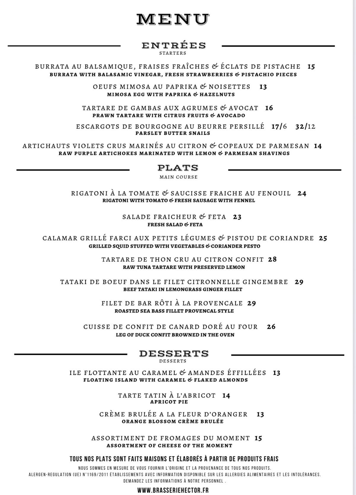 Menu de Brasserie Hector