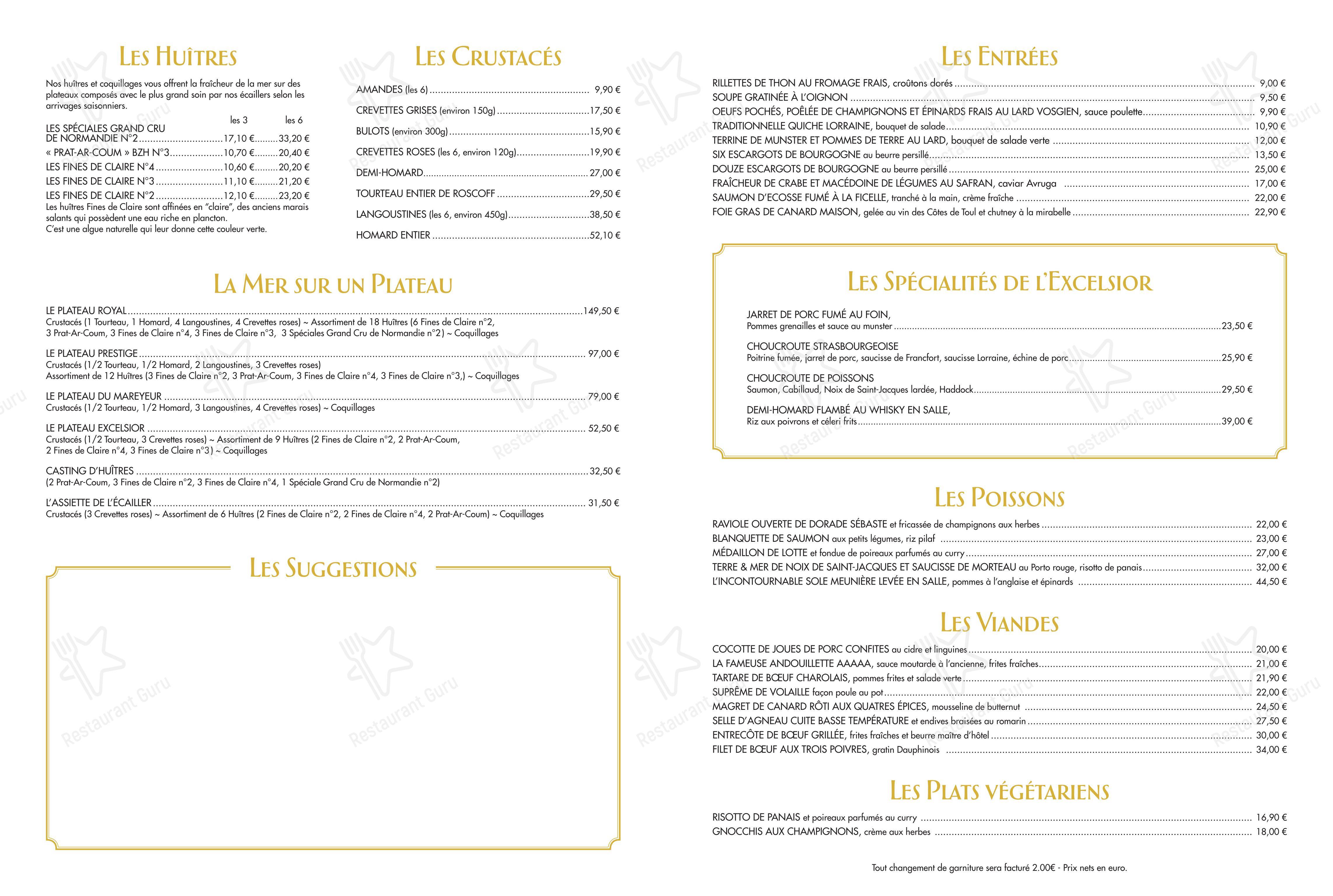 Menu pour Brasserie L'Excelsior dans Nancy