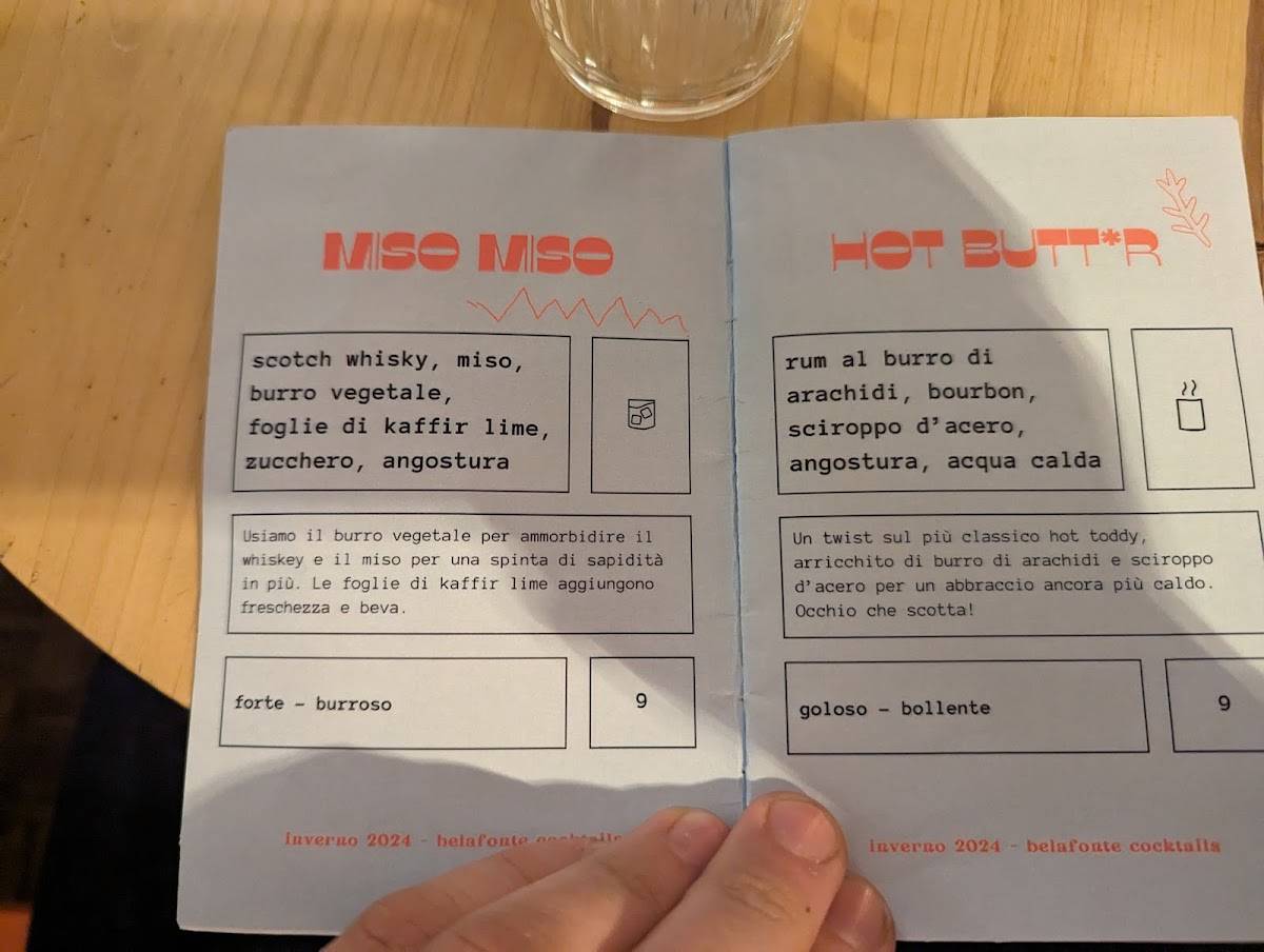 Menu di Belafonte cocktails 