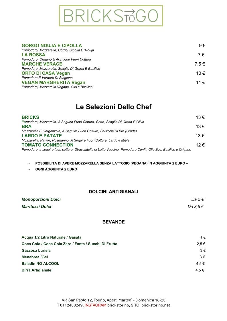 Menu di Bricks Pizza Lievitati Dolci e Salati 