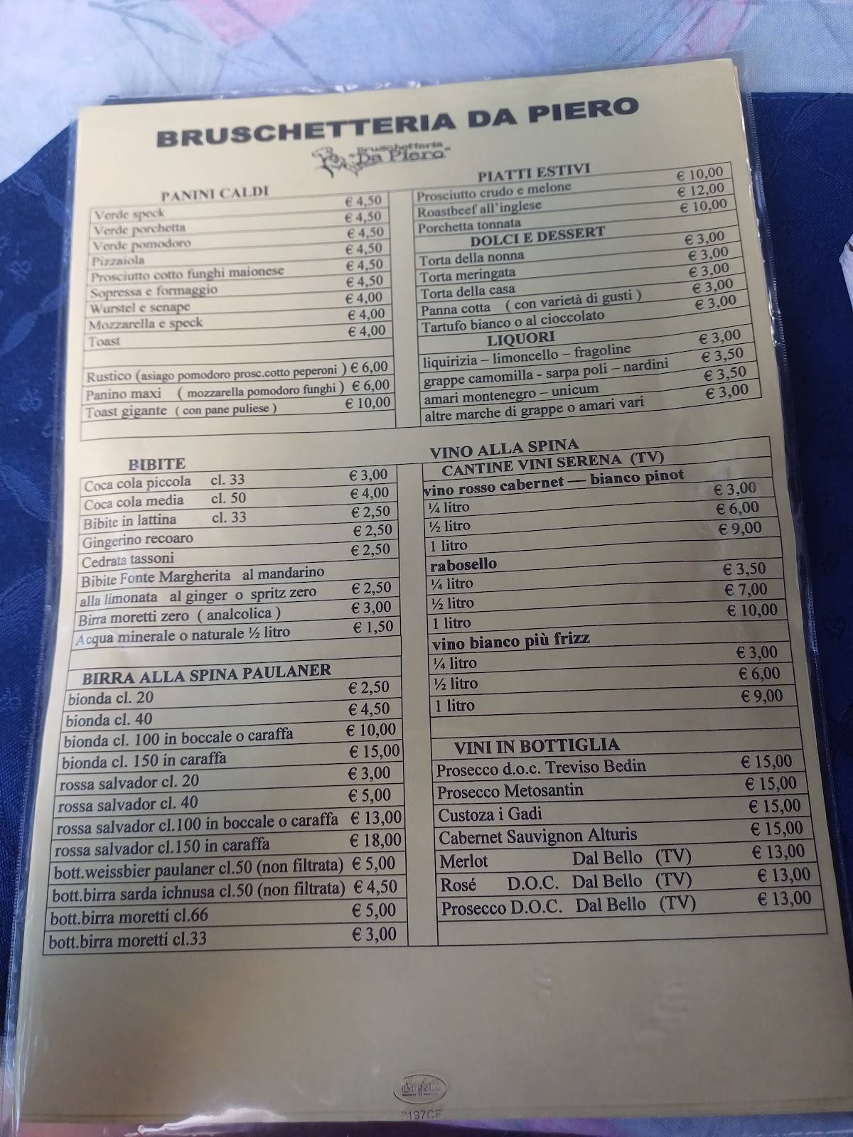 Menu di Bruschetteria Trattoria Da Piero 