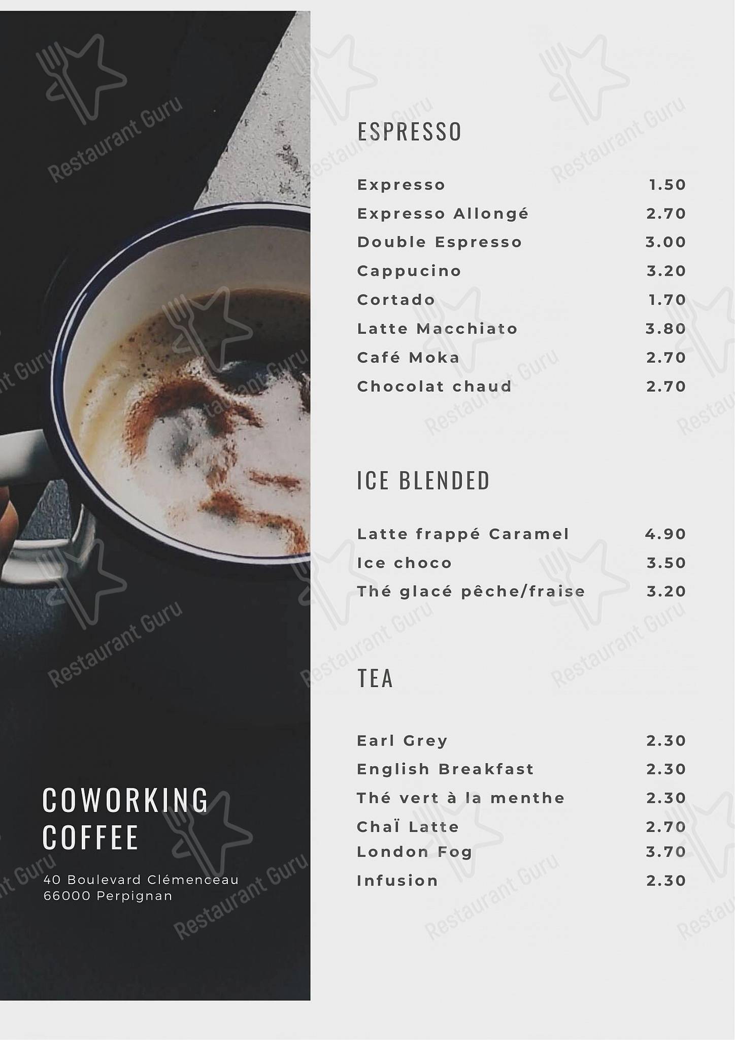 Menu au Coworking Coffee restaurant, Perpignan