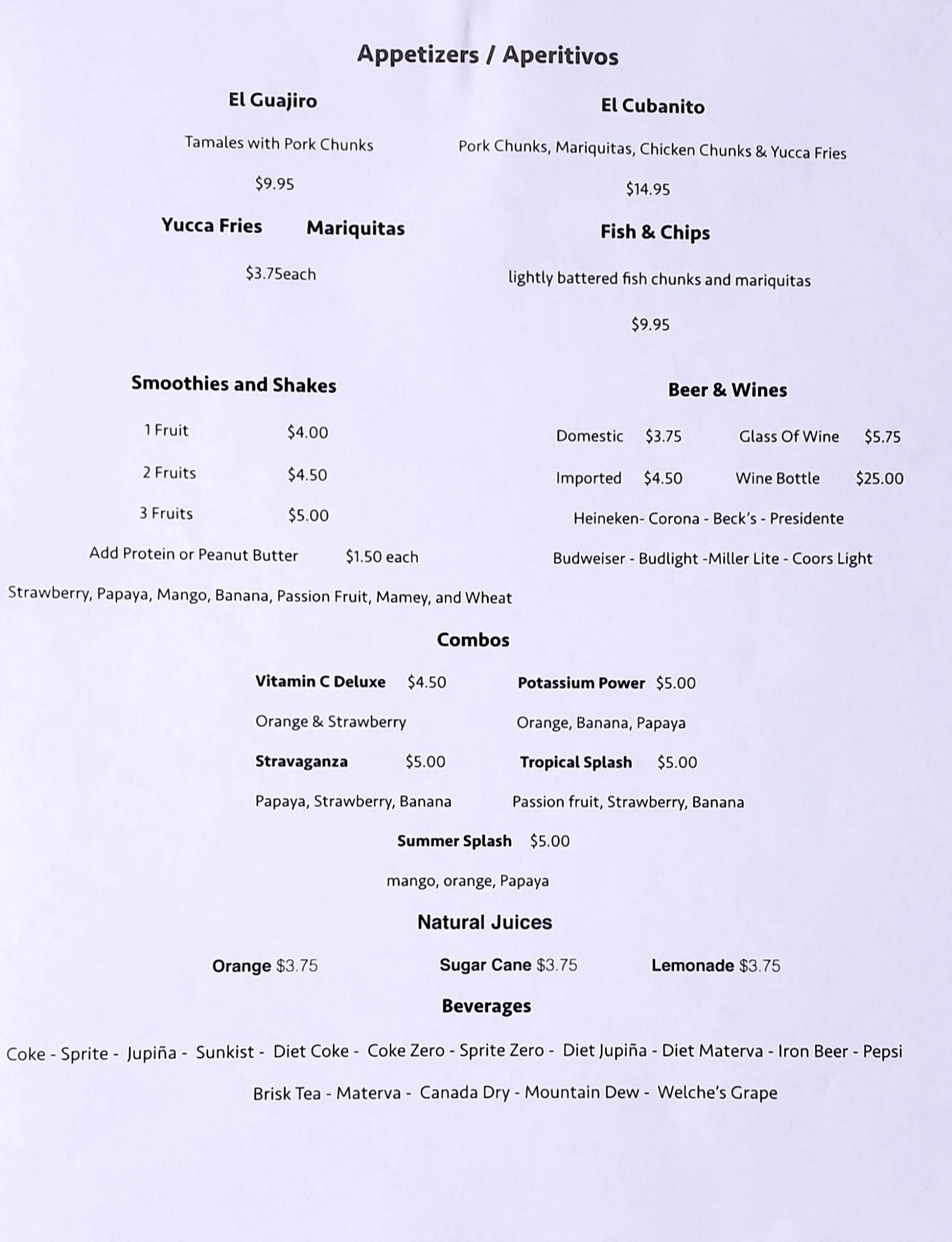 Menu at Cacique Restaurant, Miami