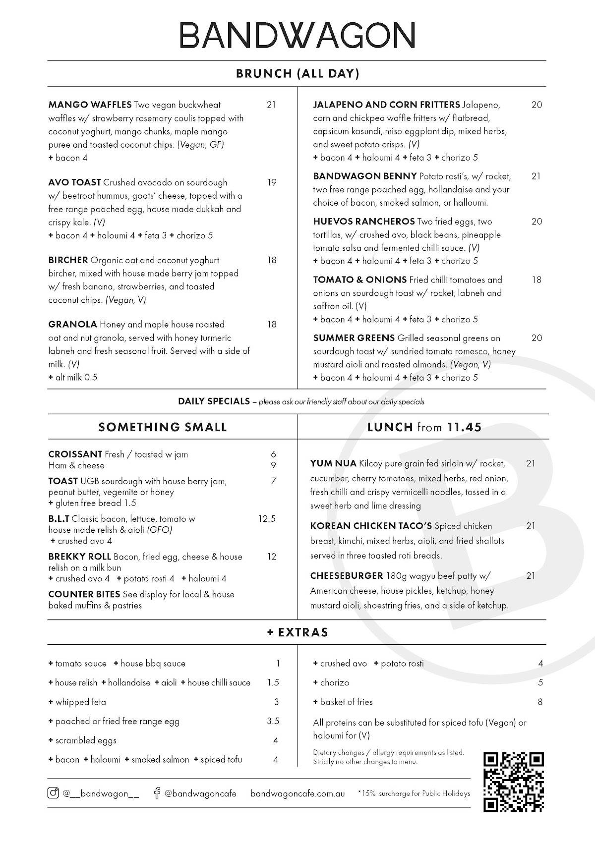 Menu at Bandwagon cafe, Port Macquarie
