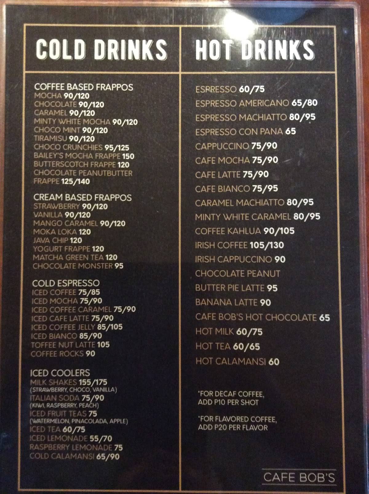 Menu at Cafe Bobs Flagship, Bacolod, 21 Lacson St