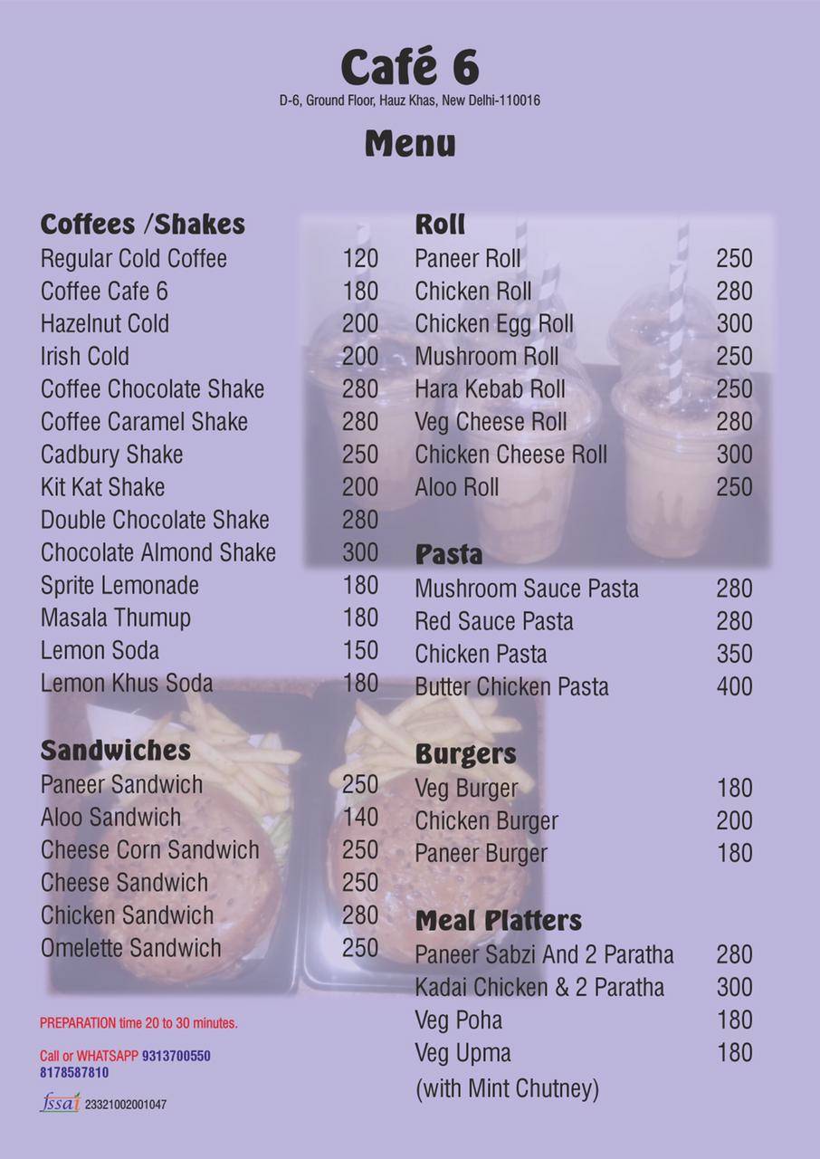 Cafe 6 menu