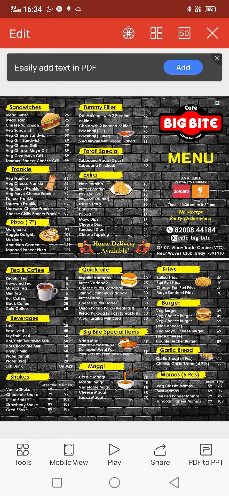 Cafe Big Bite menu