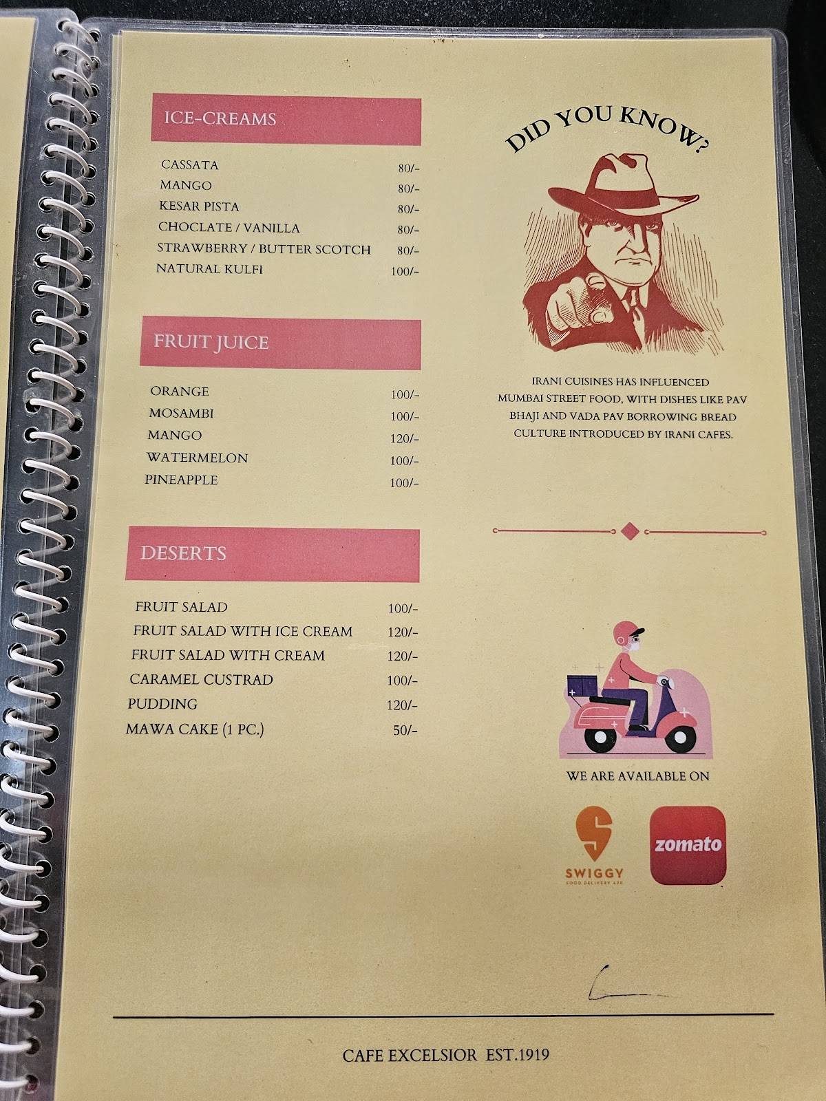 Cafe Excelsior menu