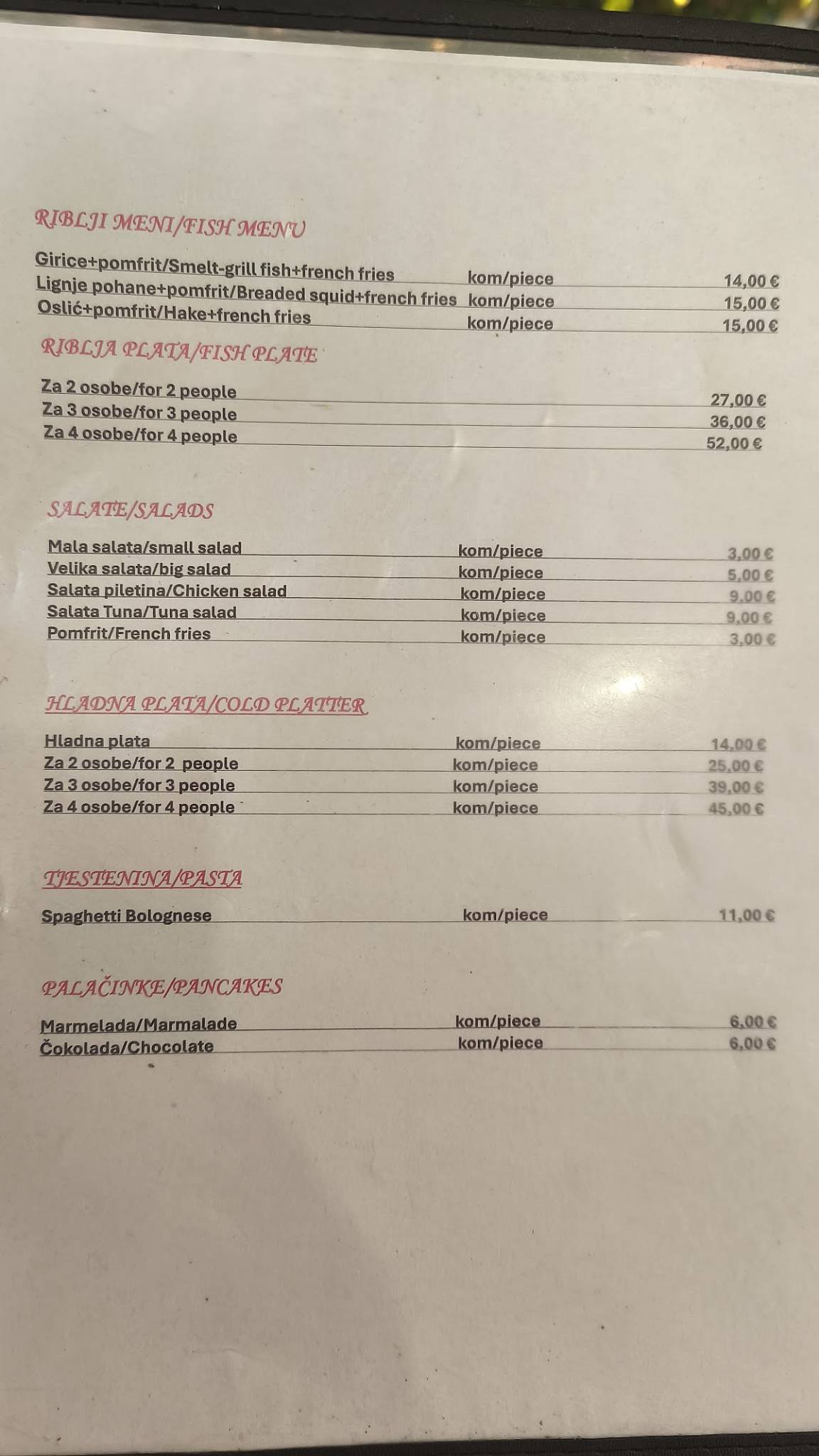 Menu di Caffe Zora 