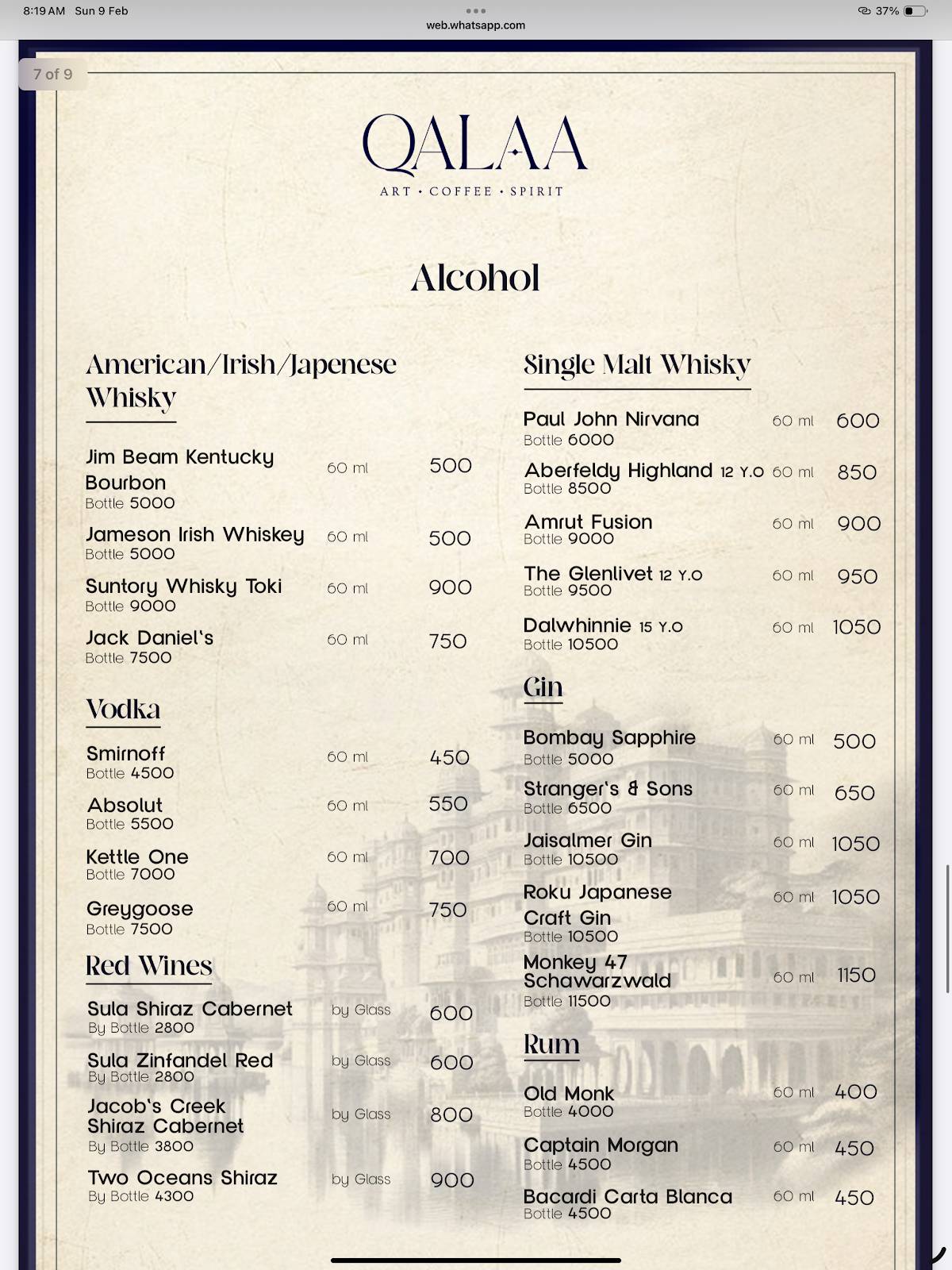 Qalaa - Art Bar & Coffeehouse menu