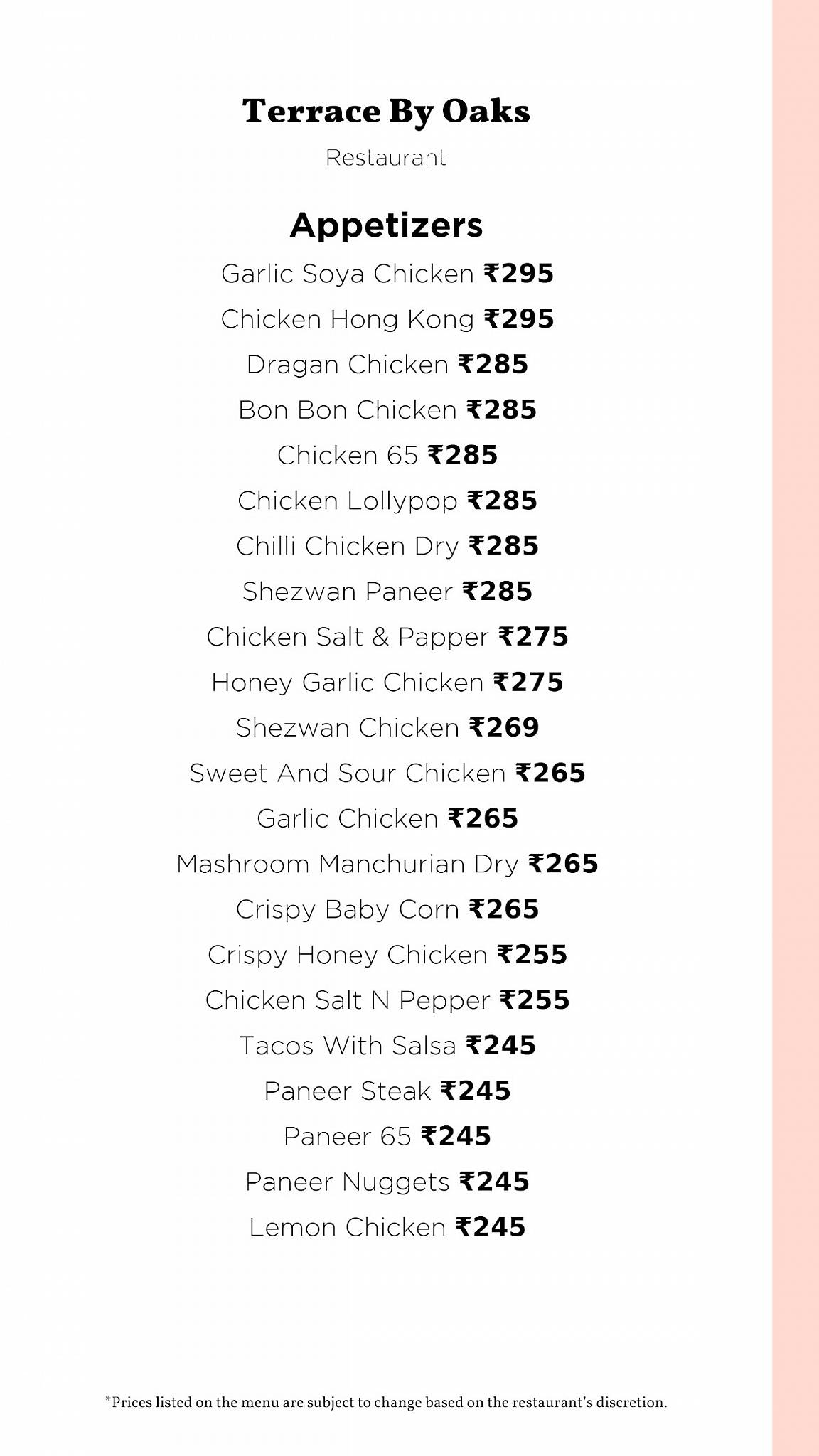 Terrace By Oaks menu