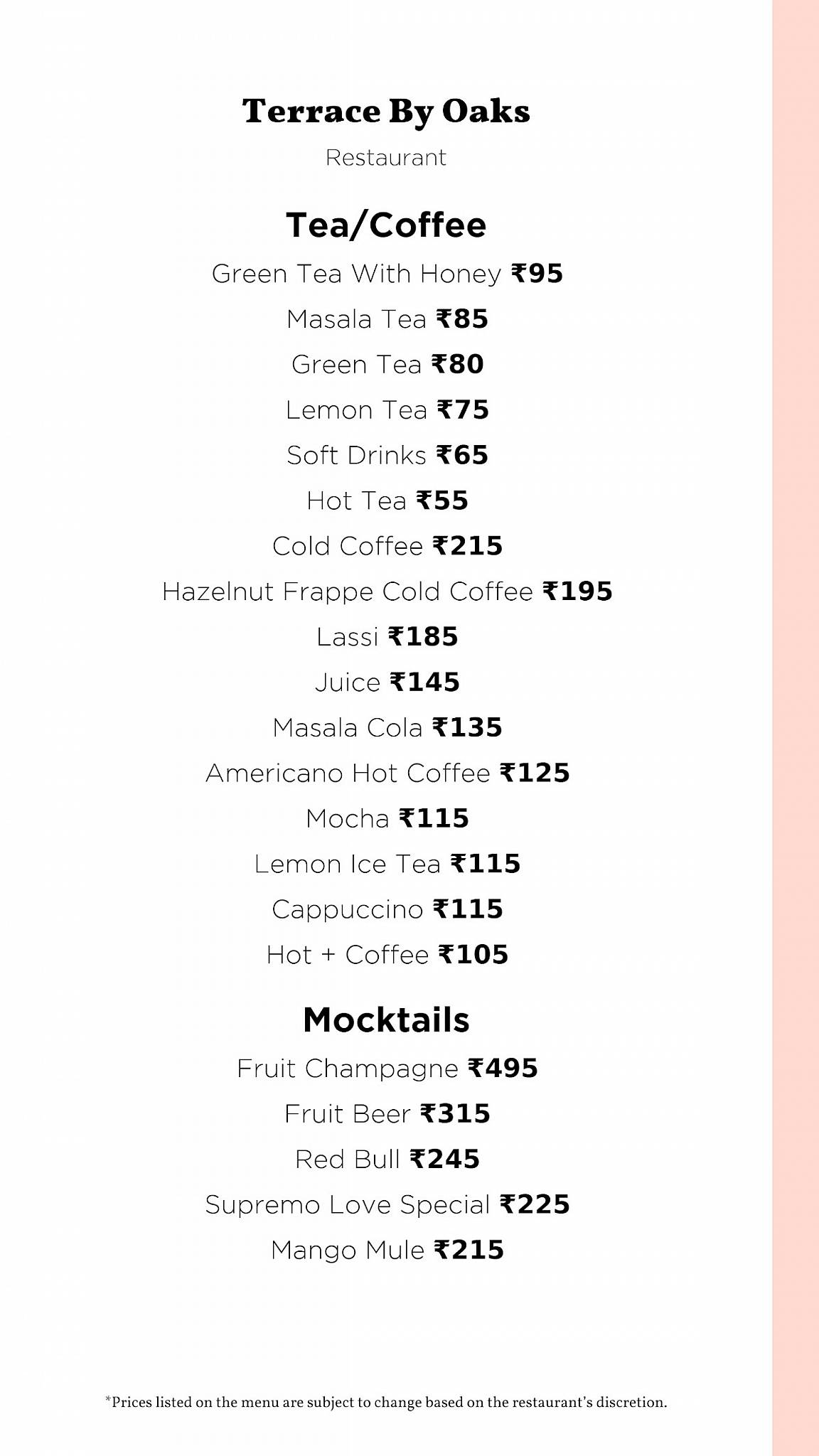 Terrace By Oaks menu