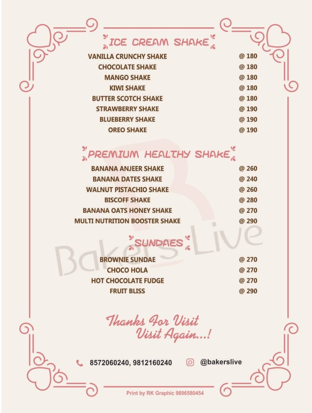 Bakers Live menu