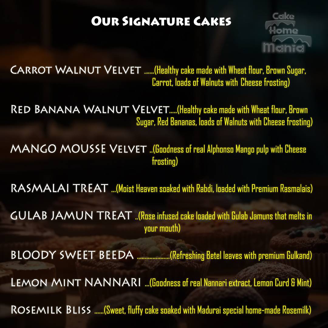 Cake Home Mania (Home-made Cakes Madurai) menu