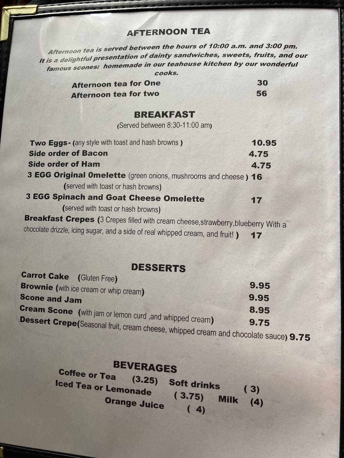 Menu at Calico Cat Tea House restaurant, Nanaimo