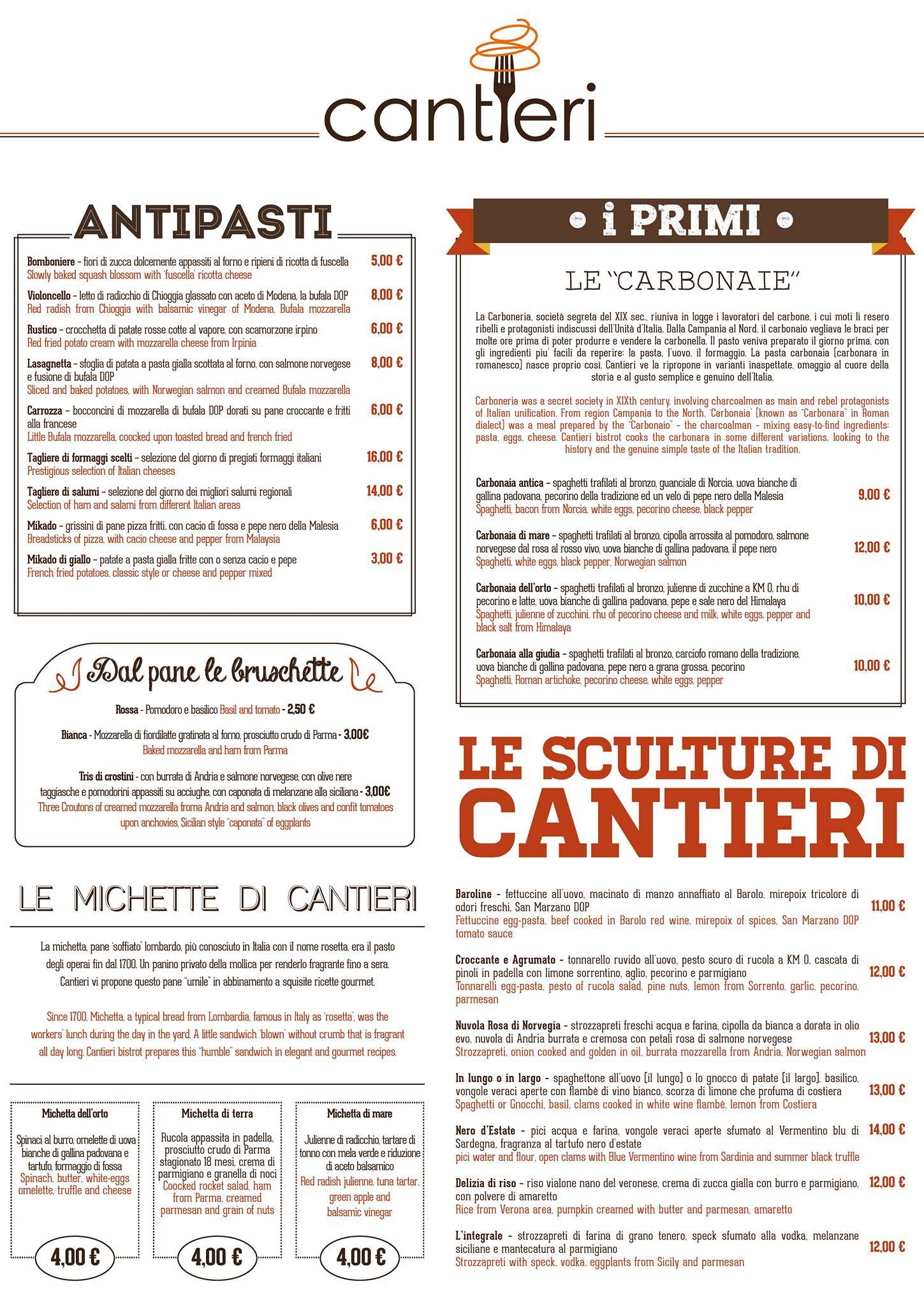 Menu di Cantieri Bistró 