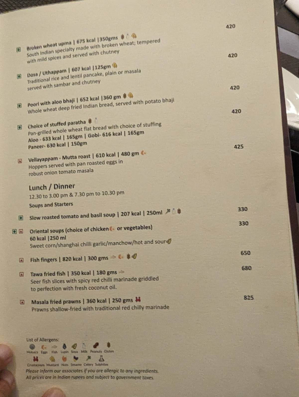 Cape Comorin menu