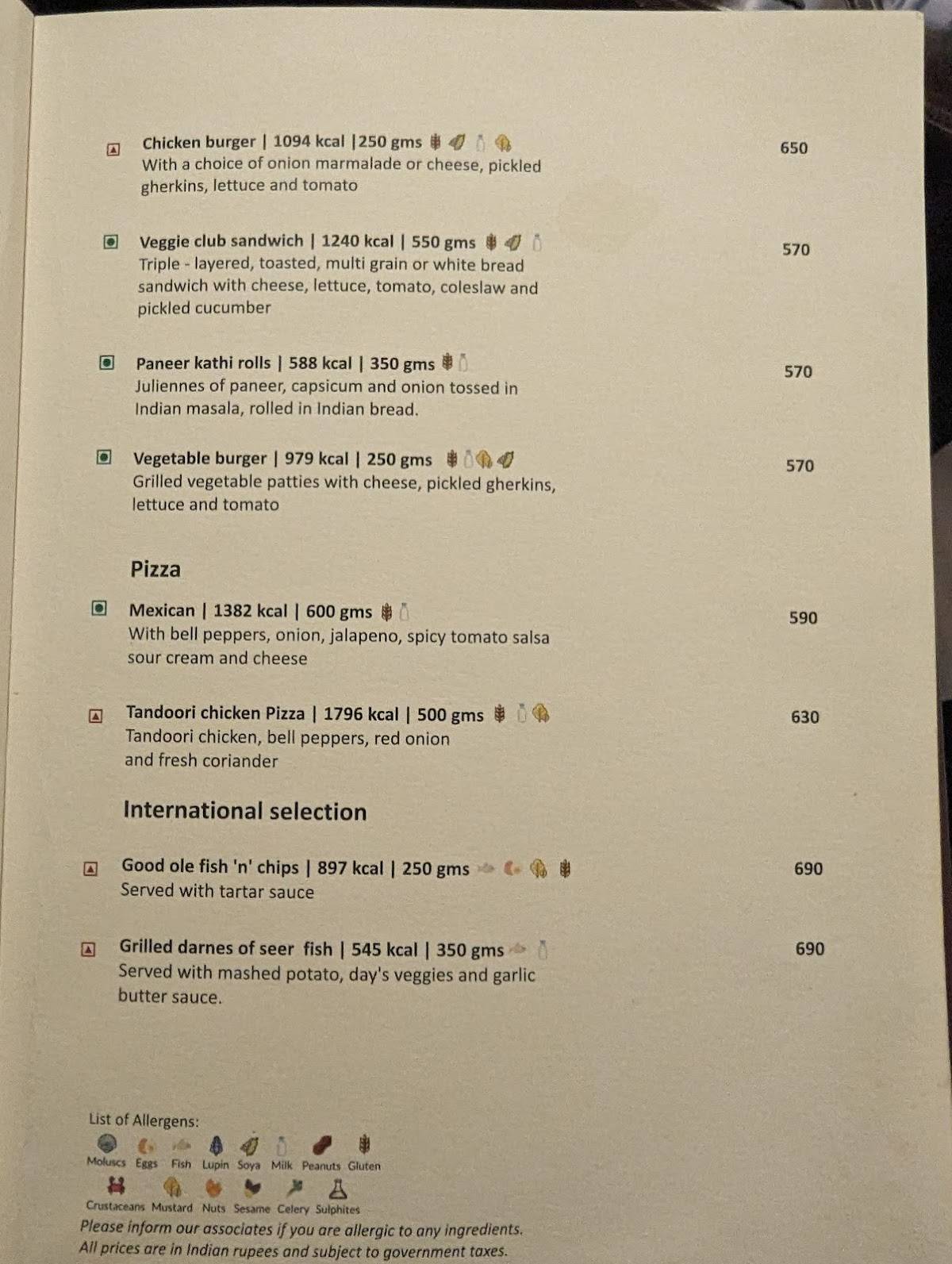 Cape Comorin menu