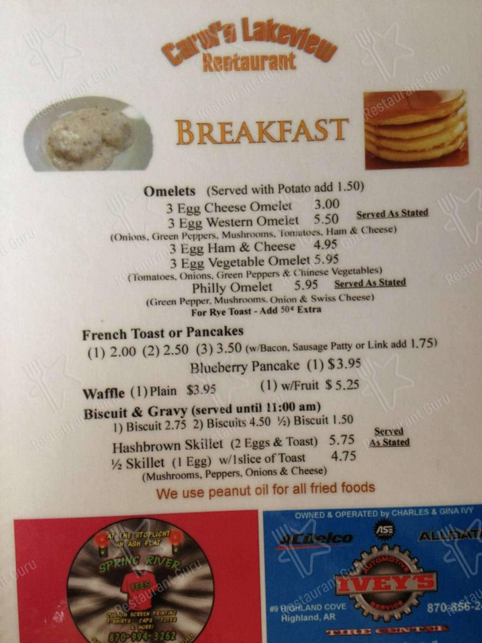 Menu at Carol's Lakeview Restaurant, Cherokee Village, 200 Iroquois Dr