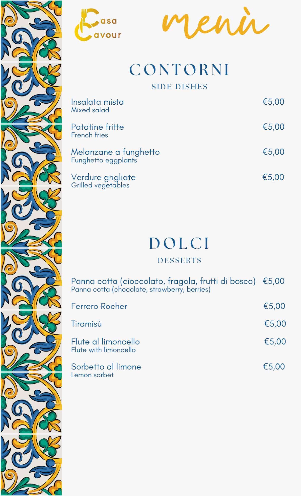 Menu di Casa Cavour 