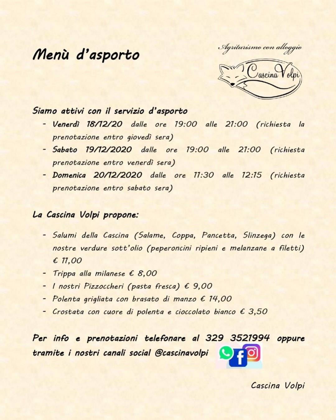Menu di Cascina Volpi 