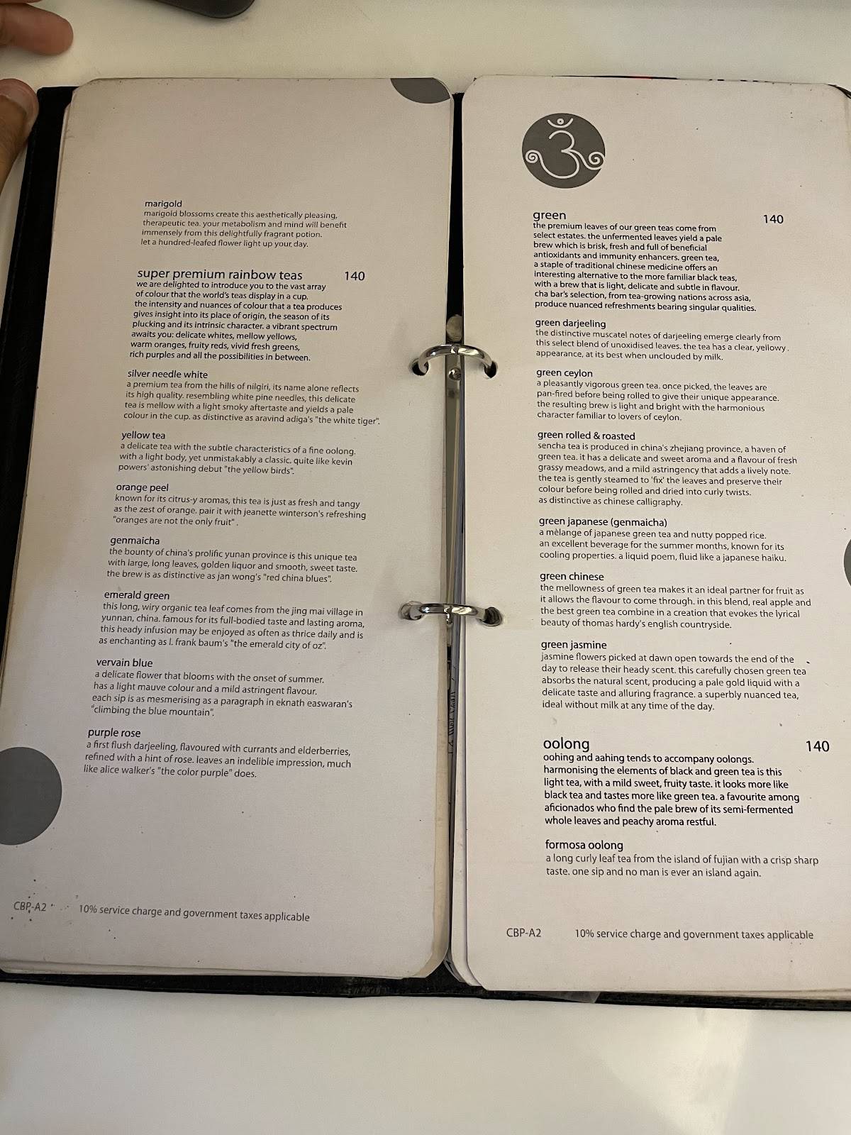 Cha Bar menu