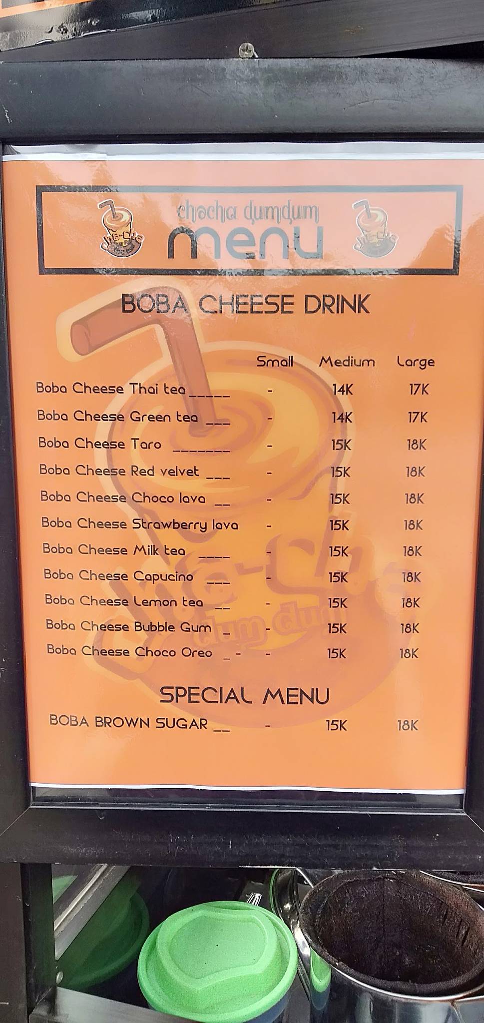 Carta del café Cha-cha dumdum thai tea, Soreang