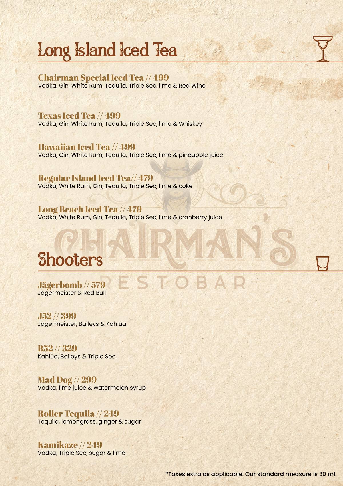 Chairman's Restobar menu