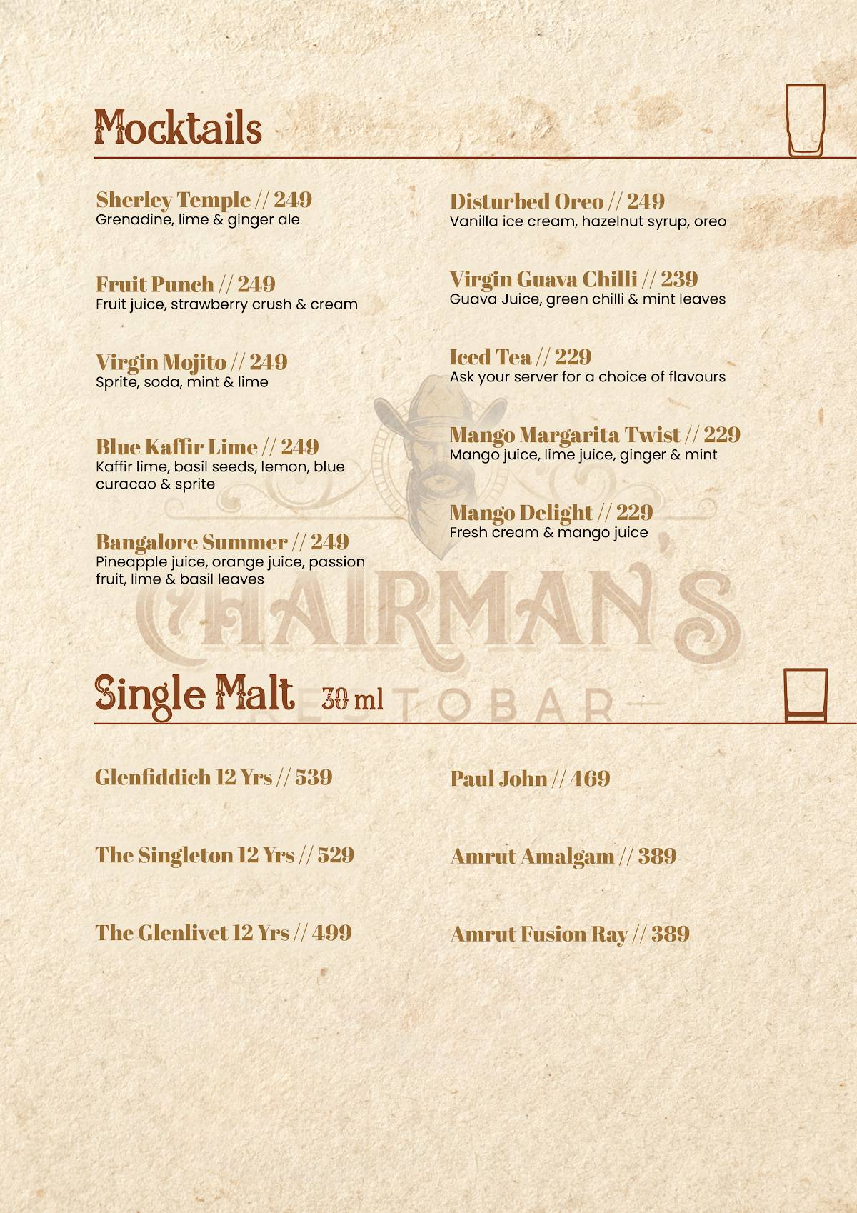 Chairman's Restobar menu