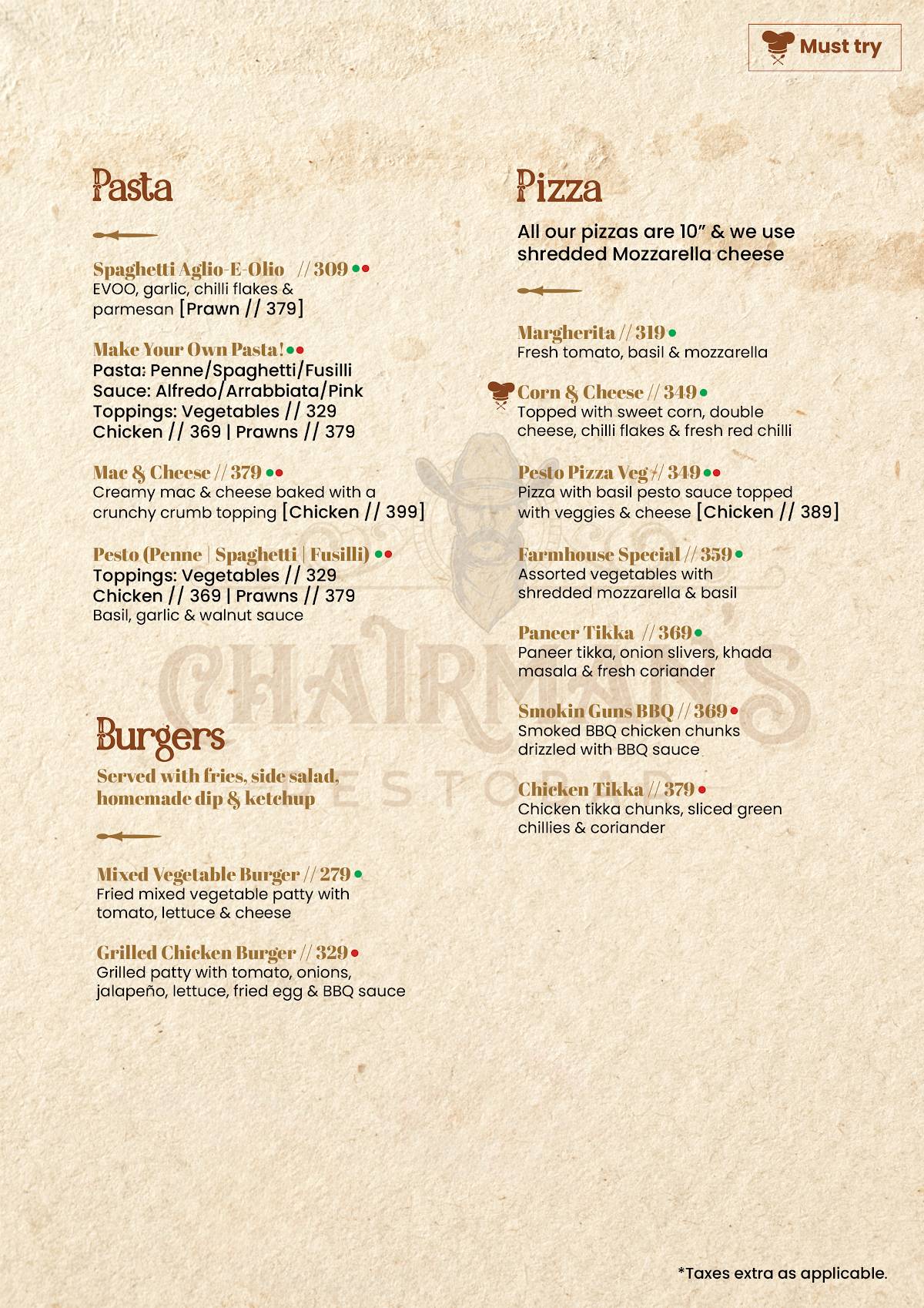 Chairman's Restobar menu