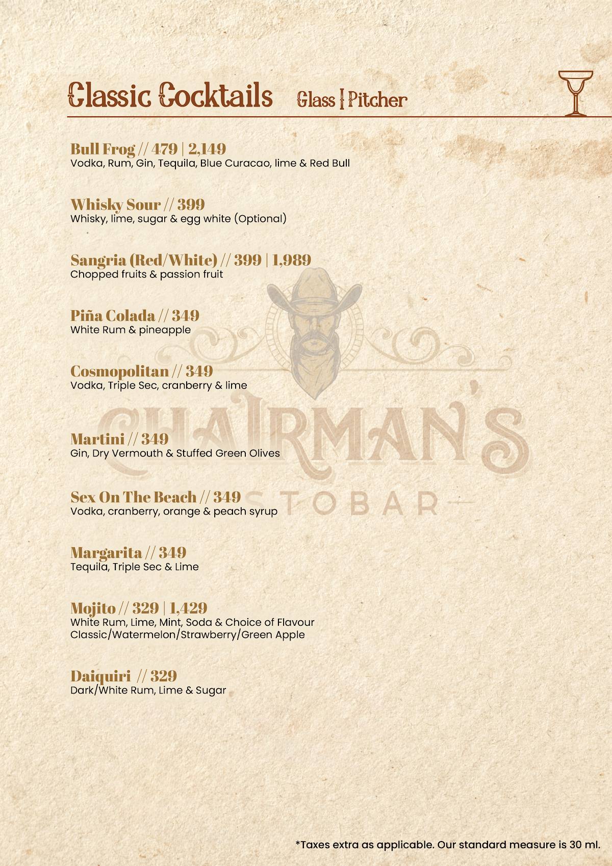 Chairman's Restobar menu