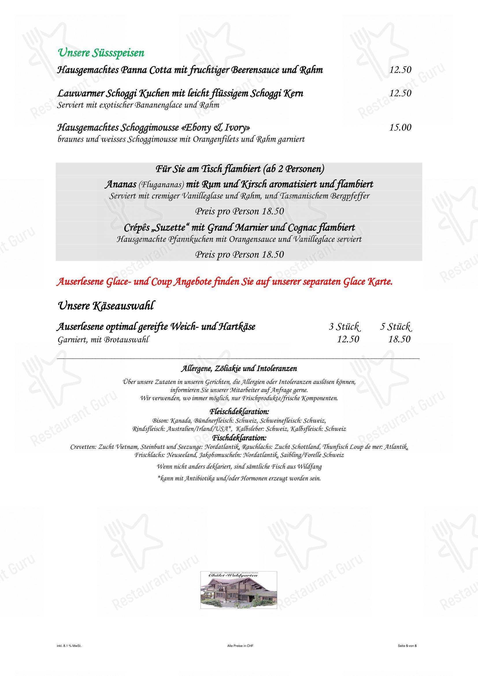 Menu di Châlet Waldgarten Restaurant - Menu bar
