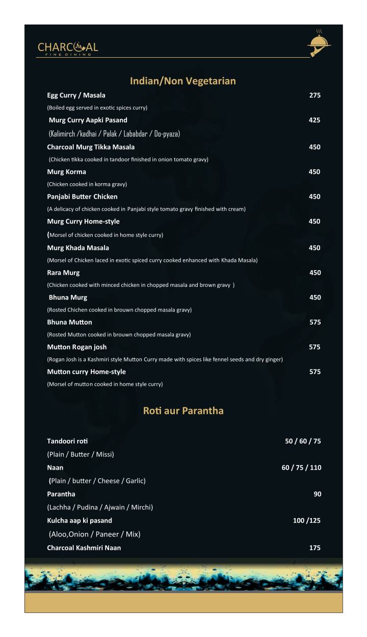 Charcoal Fine Dining menu