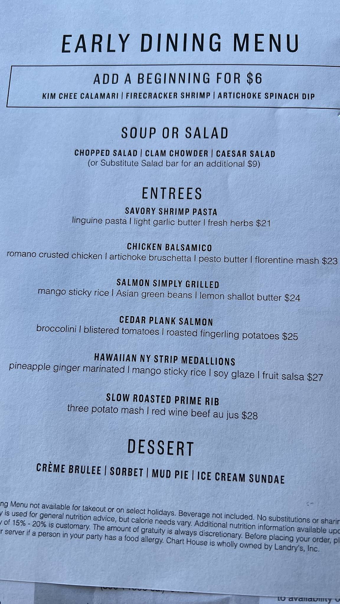 Menu at Chart House pub & bar, Longboat Key