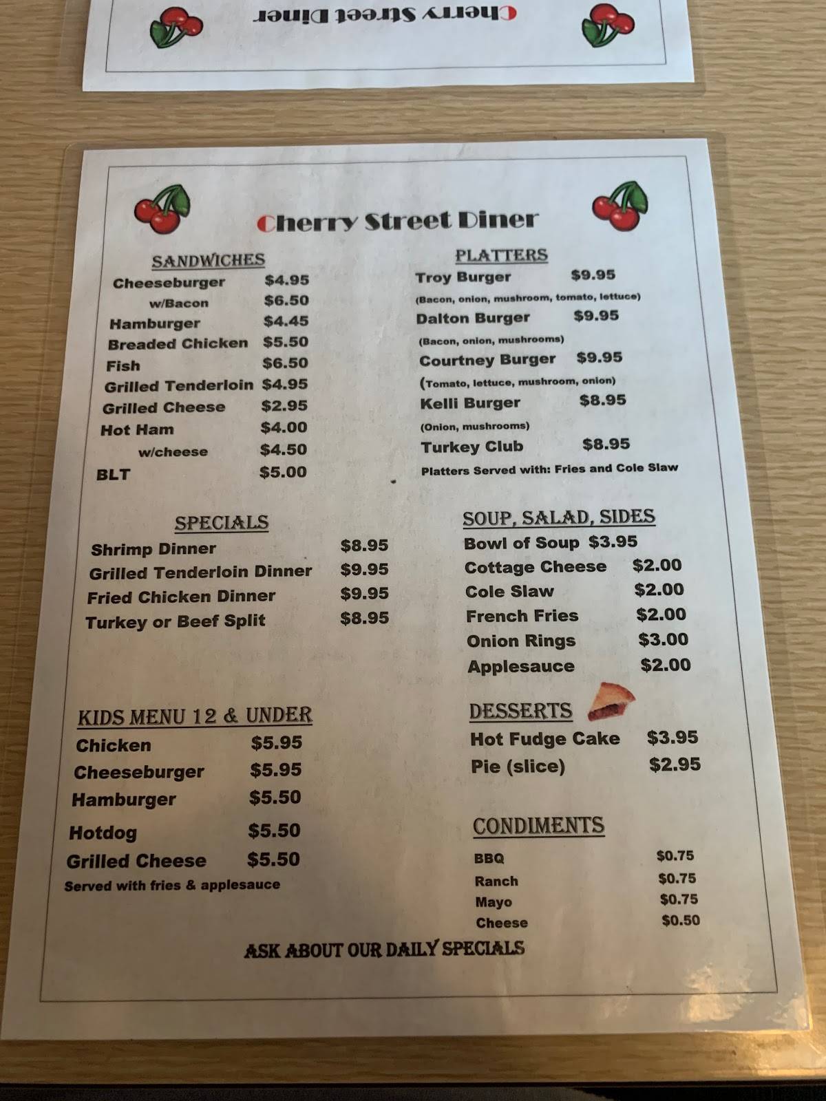 Menu at Cherry Street Diner restaurant, Ashville