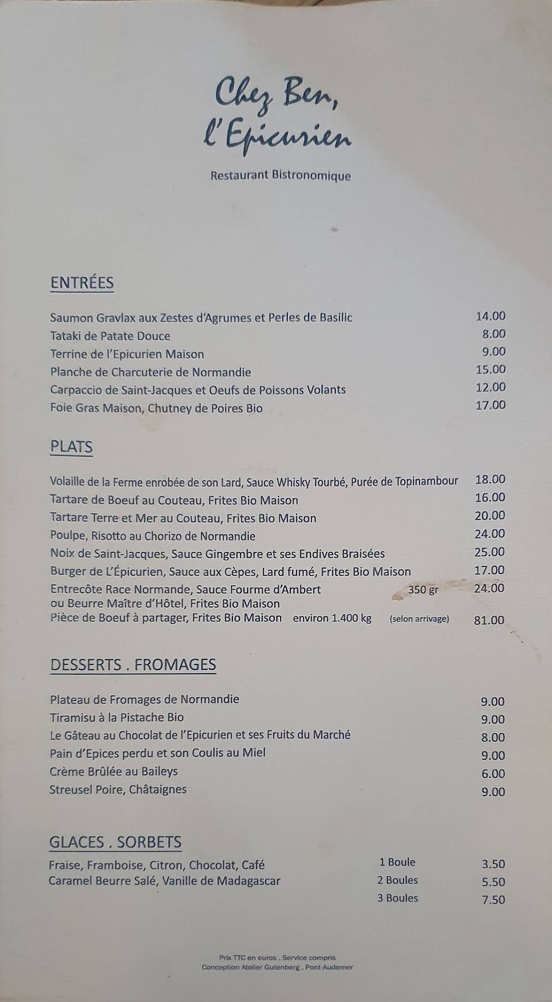 Menu de Chez Ben, l'Epicurien