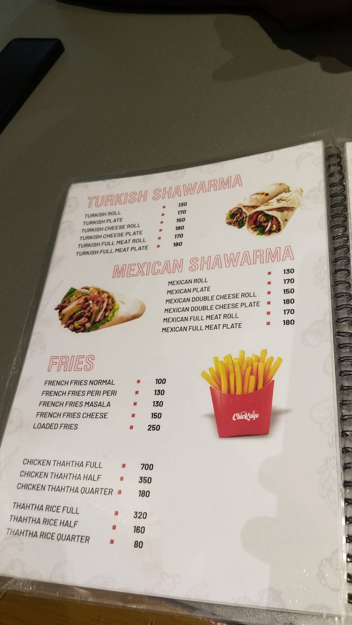 Chickago Arabic shwarma menu