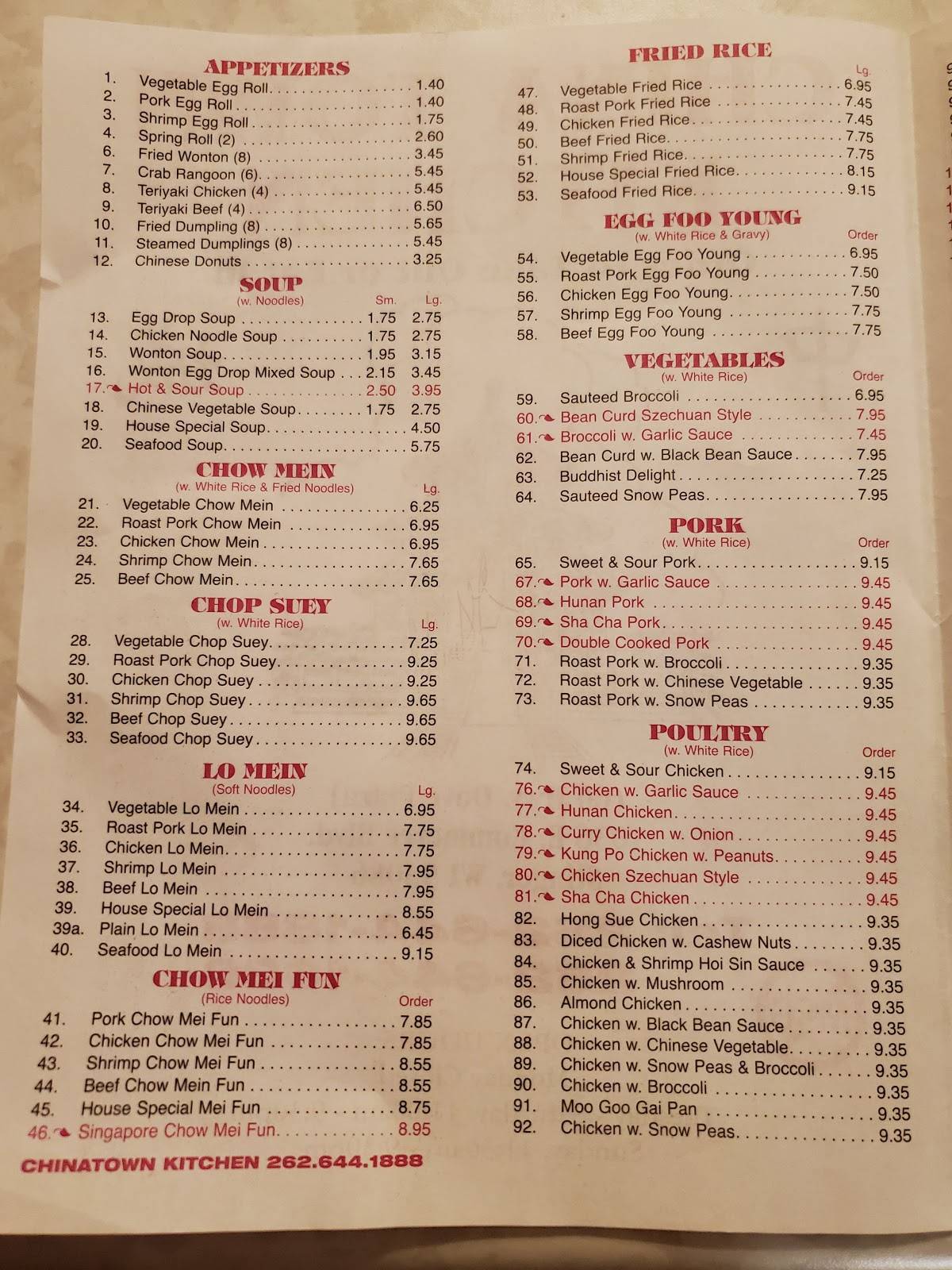 Menu at China Town Kitchen restaurant, Slinger