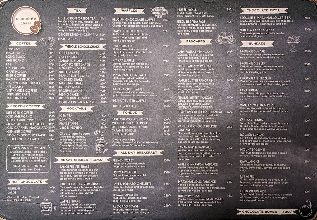 Chocolate House - Colva menu