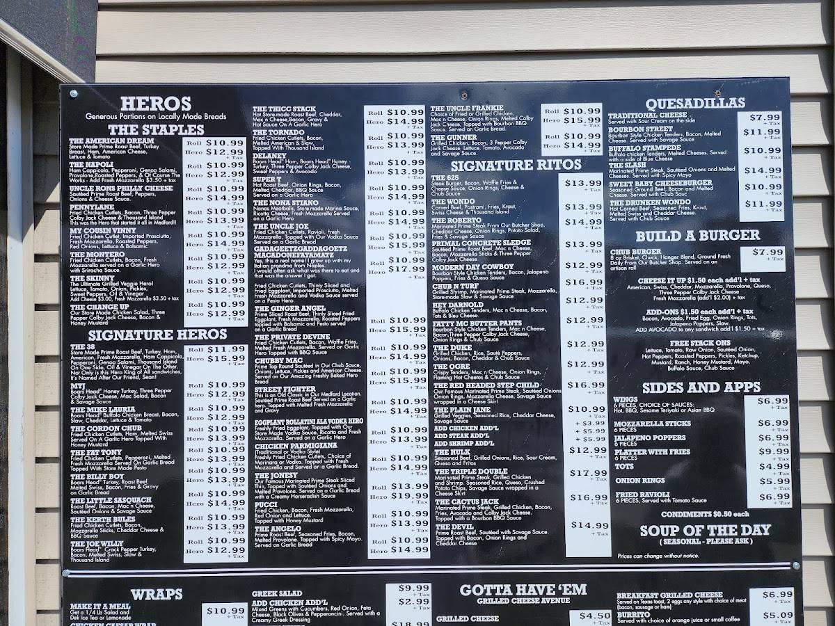 Menu at Chubs Burgers Burritos and Heroes restaurant, Farmingville