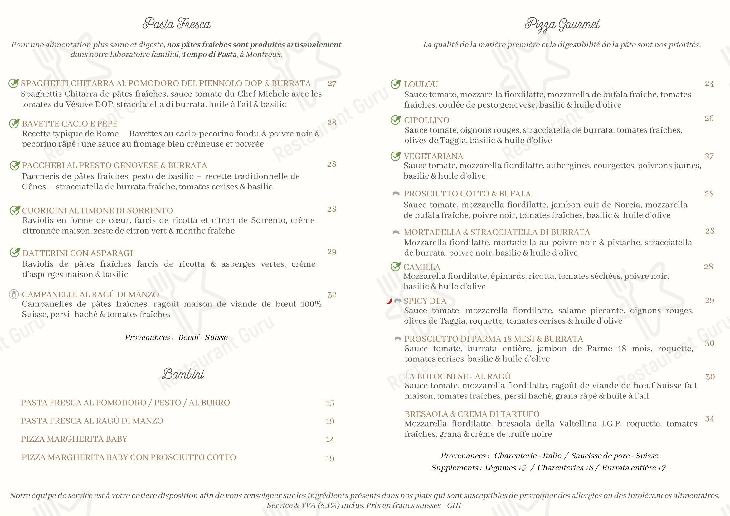 Menu per Cipollino Pasta & Pizza gourmet in Losanna