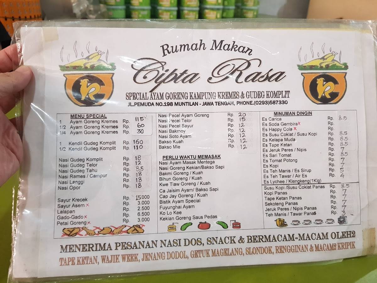 Carta del restaurante Cipta Rasa, Muntilan